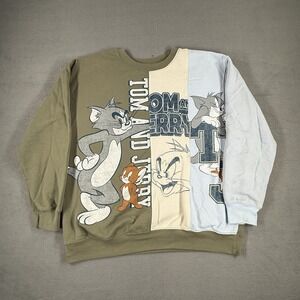 Tom and Jerry Sweatshirt Mens Large Green Blue Colorblock Graphic Crewneck